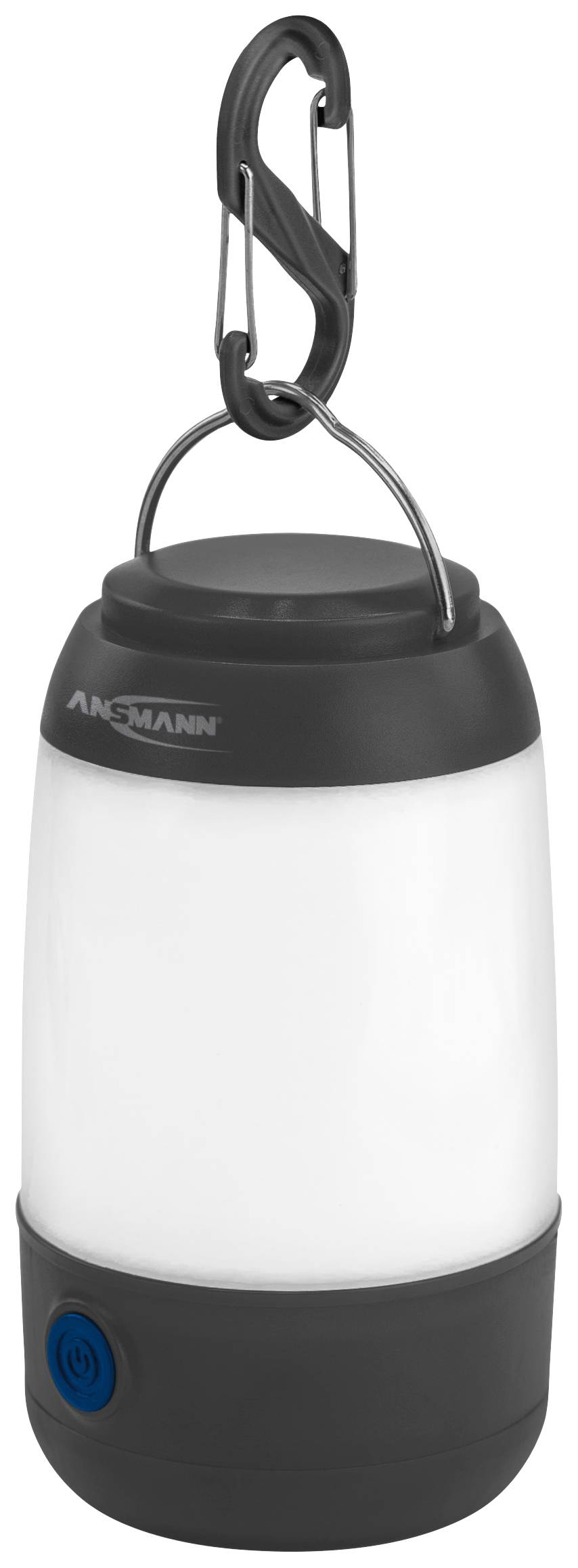 Prijenosna LED camping lampa s crnim kukom i tipkom za uključivanje/isključivanje na dnu, pogodna za outdoor aktivnosti.