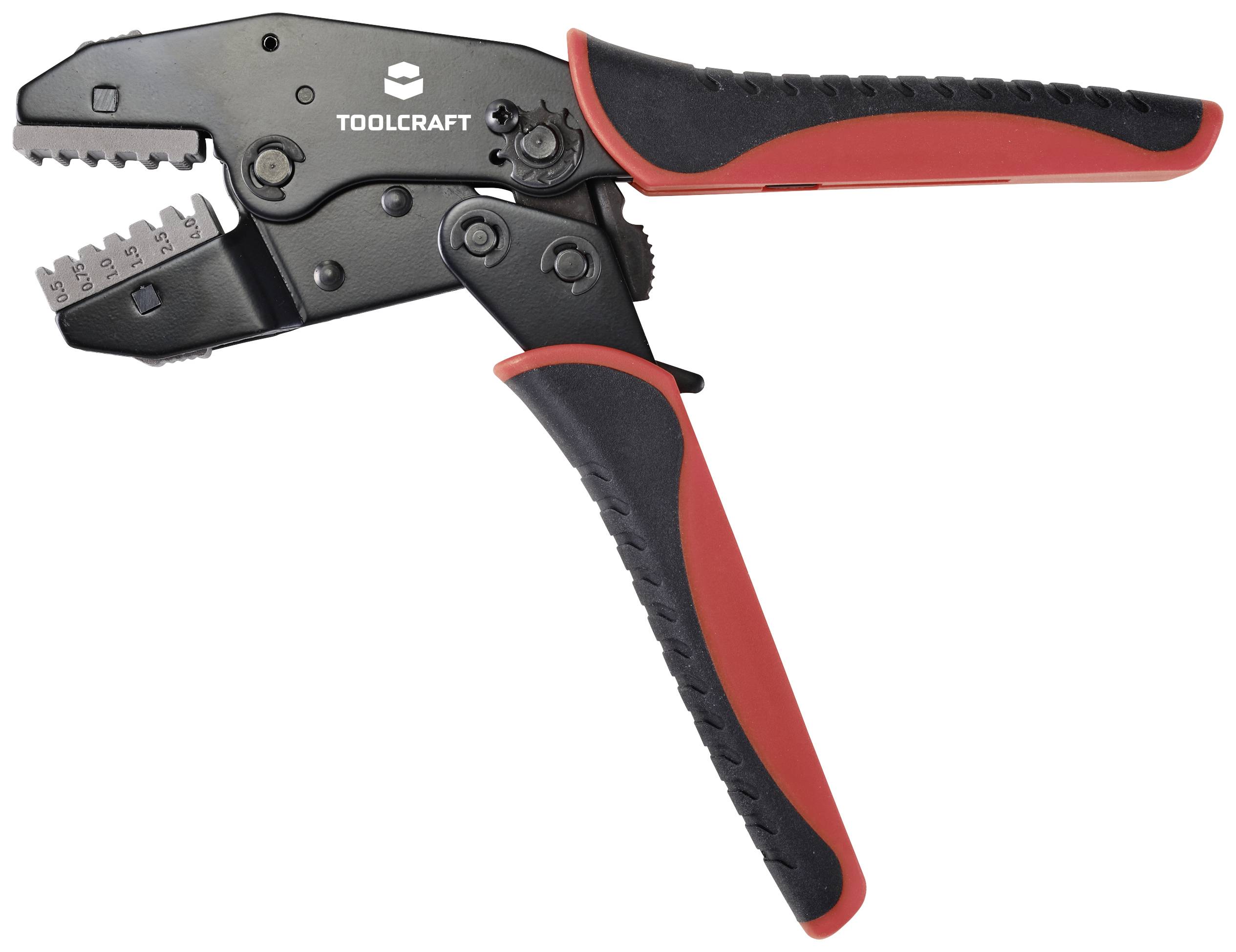 Crimpaljka u crvenoj i crnoj boji od TOOLCRAFT-a s ergonomskom ručkom, pogodna za spajanje kabela i utikača.