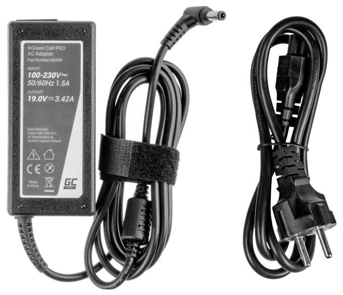 Crni mrežni adapter s napajnim kablom. Na naljepnici su navedeni modeli, ulazni napon 100-230V, izlaz 19V, 3,42A. Opremljen CE oznakama.