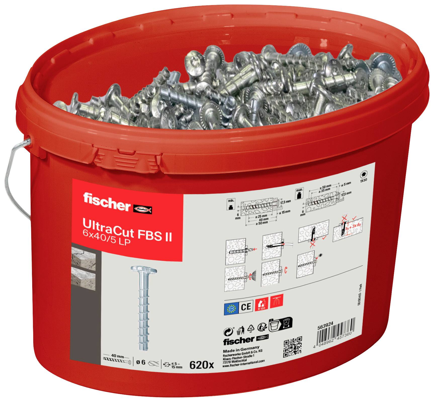 Crveni koš napunjen Fischer UltraCut FBS II betonskim vijcima, 6x40/5 LP. Naljepnica na košu prikazuje specifikacije proizvoda i upute za upotrebu.