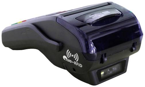 Prijenosni RFID čitač, crne boje, s integriranim zaslonom i bar-kod skenerom, za prikupljanje i upravljanje podacima.