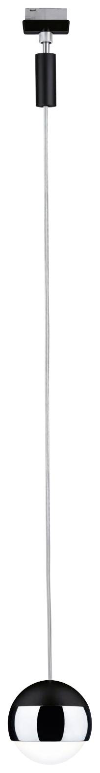 Viseća lampa s crno-bijelom kuglom, jednostavnog modernog dizajna, dugačkog kabela, pogodna za minimalistički uređene prostore.
