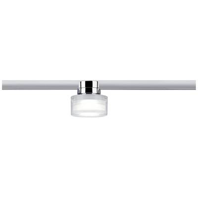 Stropna lampa cilindričnog, modernog dizajna. Ima sjajni metalni nosač i mat, staklasti sjenilo.