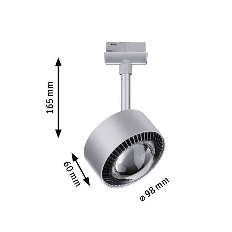 Srebrni, cilindrični reflektor s mjerama: visina 165 mm, promjer 98 mm, nagib glave lampe 60 mm.