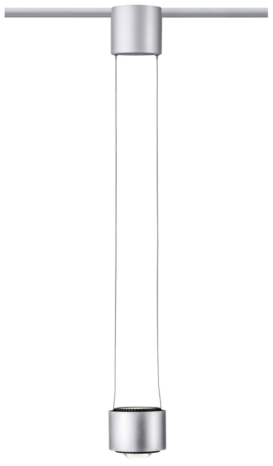 Srebrna viseća lampa cilindričnog dizajna koja visi na tankom kablu s horizontalne šipke. Modernog, minimalistčkog izgleda.