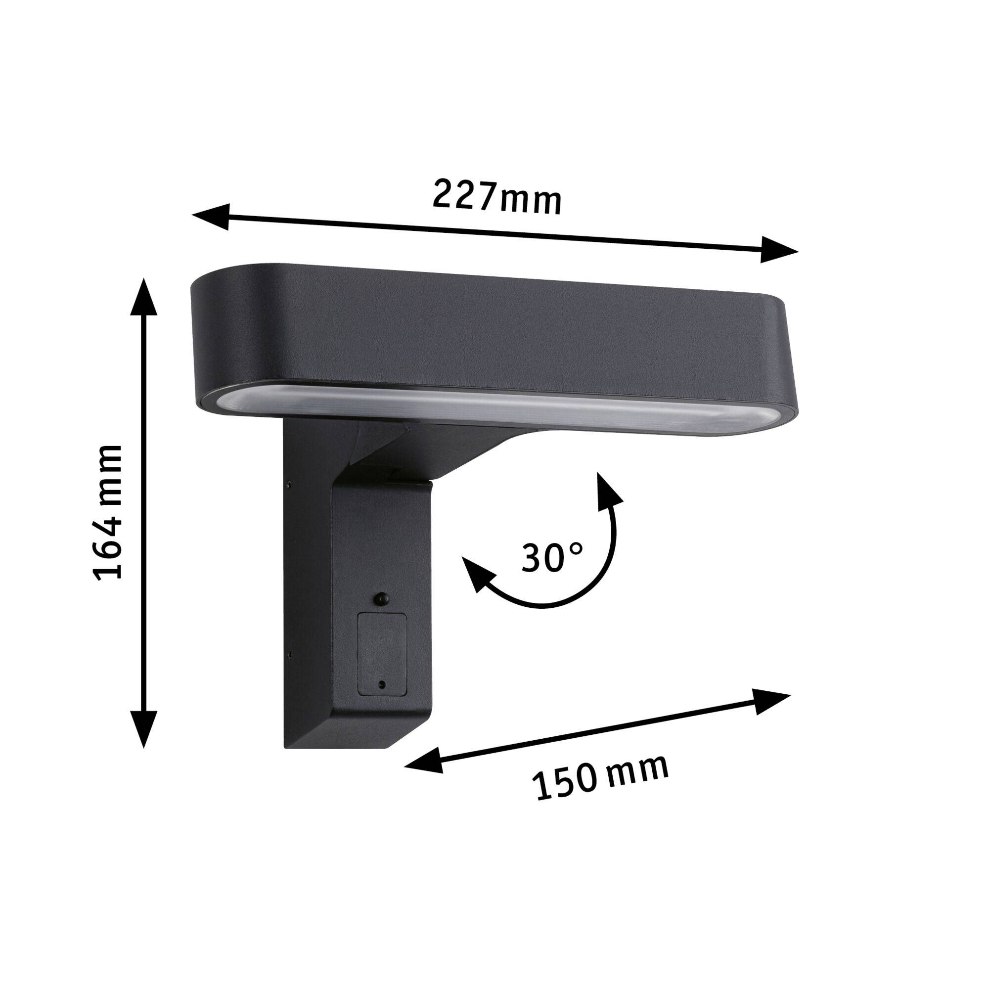 Vanjska rasvjeta s crućim kućištem i LED izvorom svjetla, dimenzije: 227 mm širine, 164 mm visine, 150 mm dubine i nagibni kut od 30°.