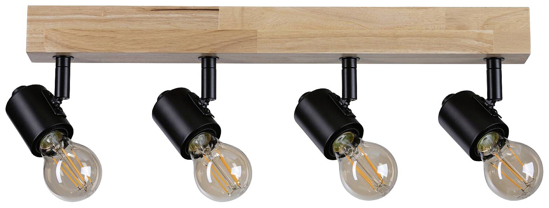 Drvena stropna lampa sa četiri crne, podesive grla žarulja i vidljivim žaruljama postavljenim u ravnoj liniji.