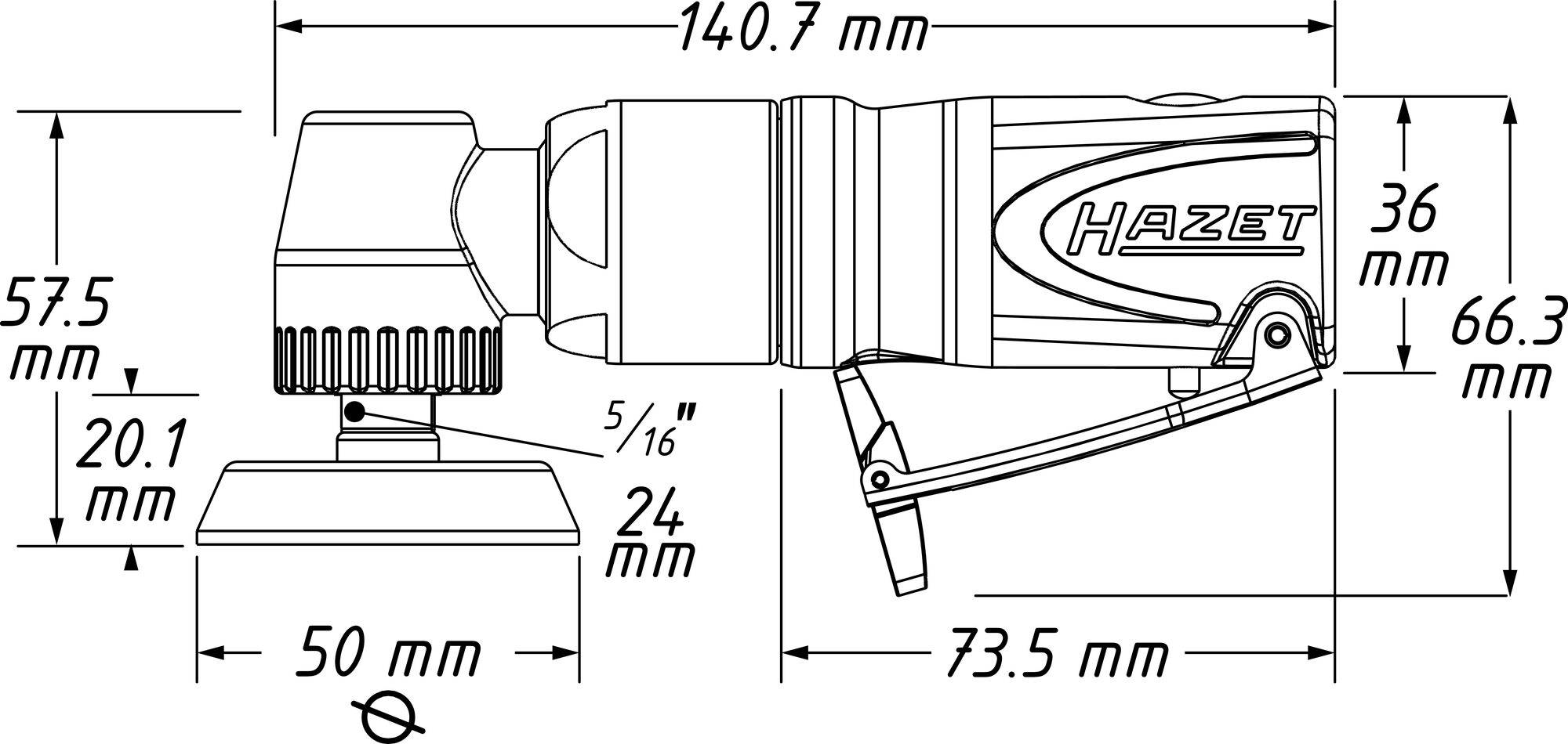 Tehnički crtež kutne brusilice s mjerama. Duljina: 140,7 mm; Visina: 57,5 mm; Radijus brusne ploče: 50 mm; Marka: Hazet.