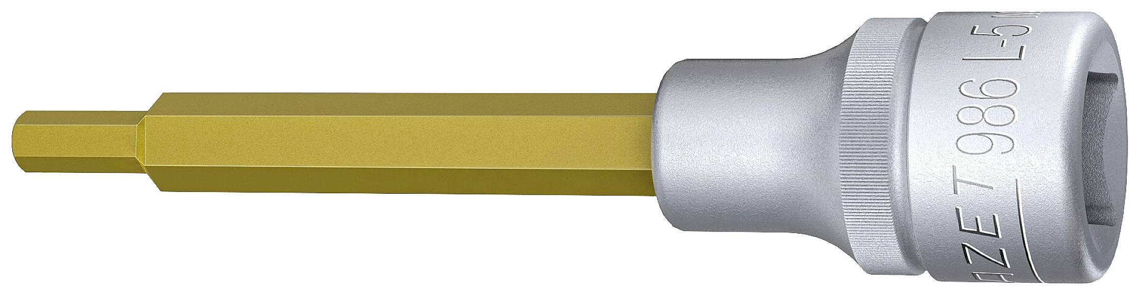 Zlatni Torx bit nastavak sa srebrnim postoljem, pogodan za vijčane radove, leži na neutralnoj pozadini.