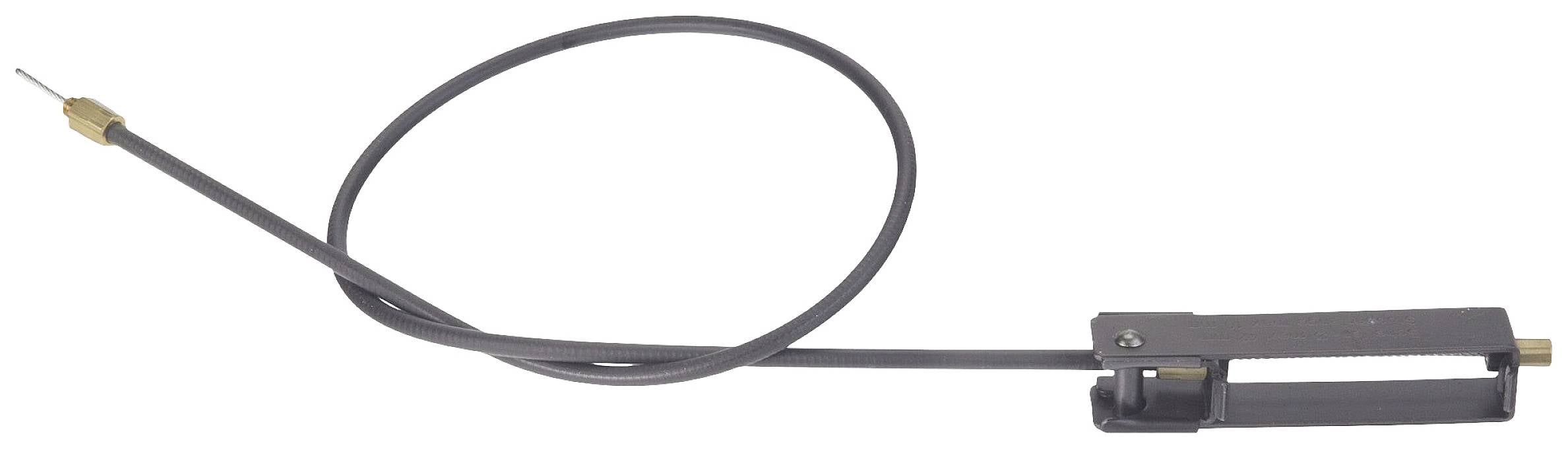 Crni Bowden kabel s metalnim žicom i plastičnom ručkom, koji se tipično koristi za aktiviranje mehanizama u strojevima ili vozilima.
