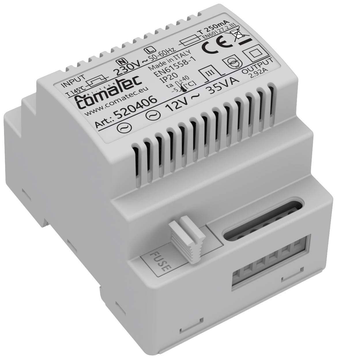 Mrežni modul napajanja, ulaz 230V, izlaz 12V/35VA, CE-označen, zaštita IP20, pogodan za ugradnju na DIN šinu.