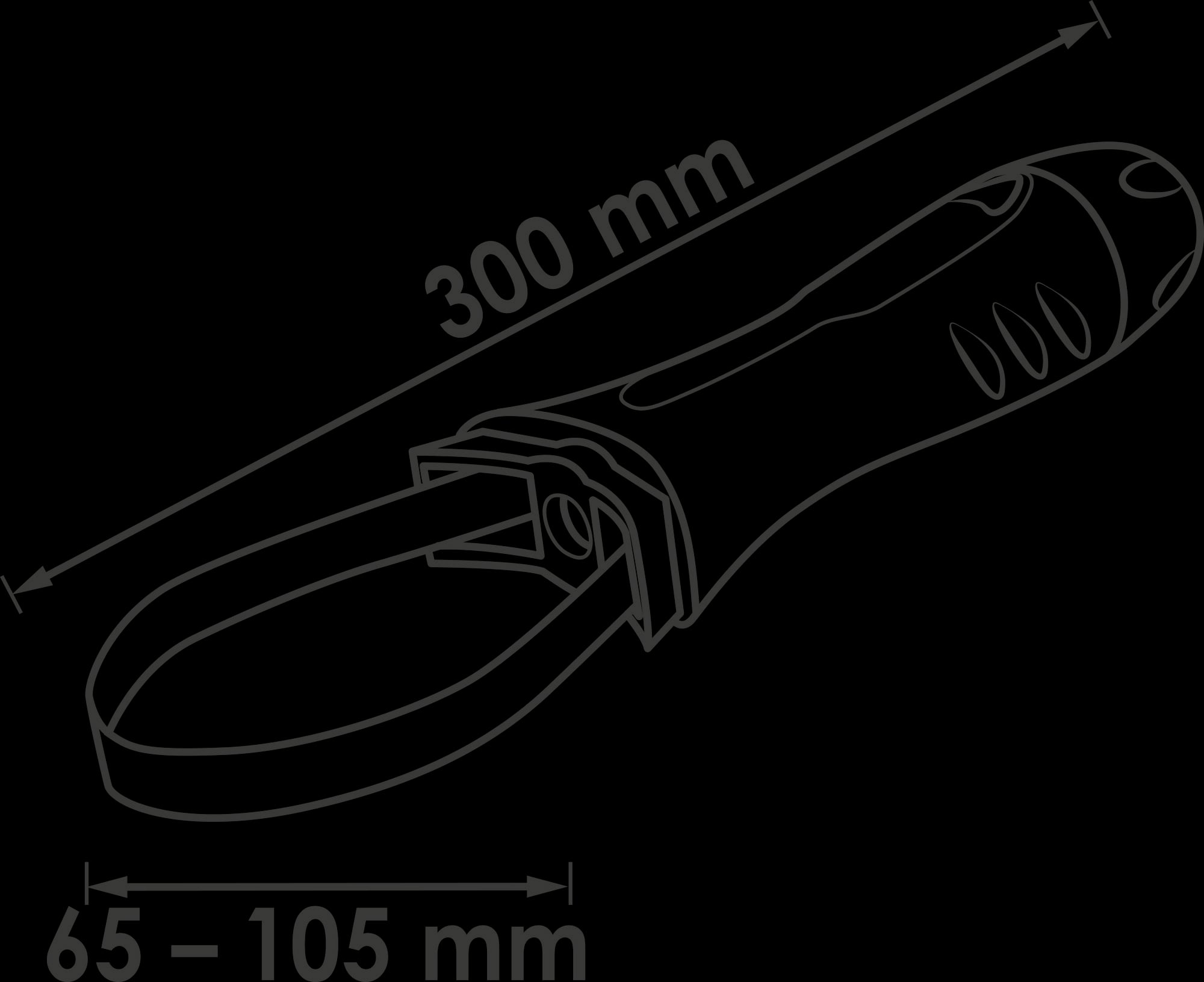 Prikaz elektroničkog alata s ručkom dužine 300 mm i podesivom trakom koja se može postaviti između 65 i 105 mm.