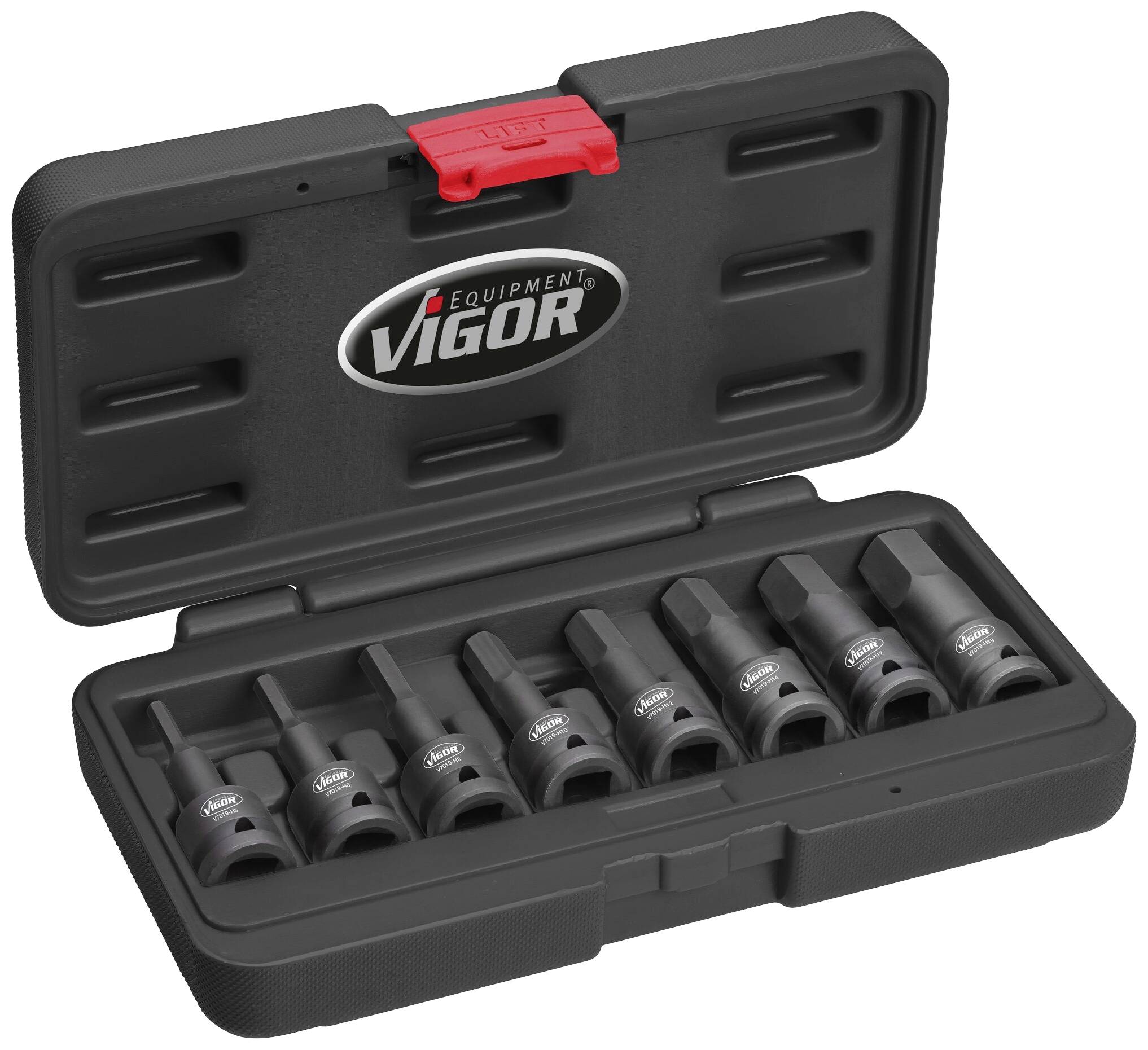 Vigor V7019 V7019 Mutterdragare-hylsnyckelinsats-set 5 mm, 5.5 mm, 6 mm, 7 mm, 8 mm, 9 mm, 10 mm, 11 mm, 12 mm, 13 mm, 14 mm, 15 mm, 16 mm, 17 mm, 18 mm, 19 mm