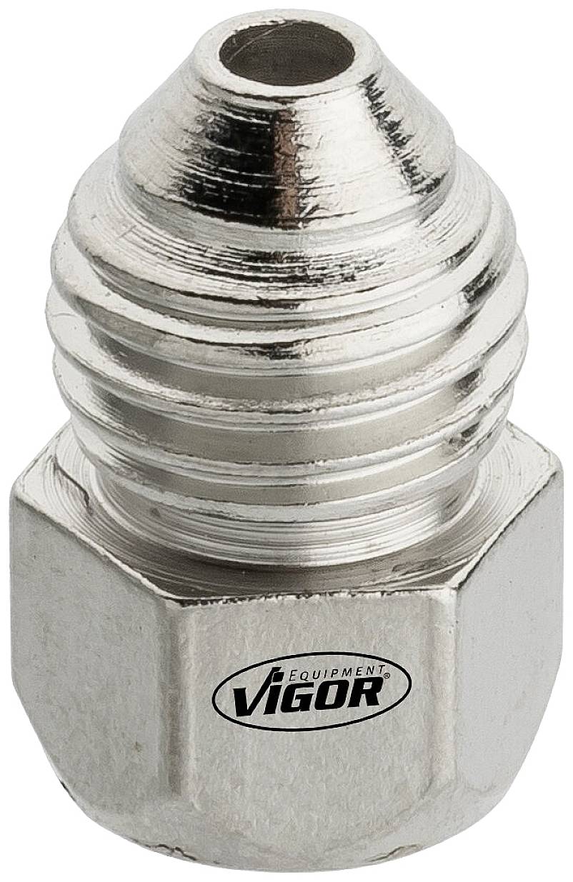 Srebrni, metalni mazalni čep s šesterokutnom bazom. Gore zaobljen, s VIGOR logotipom na prednjoj strani.