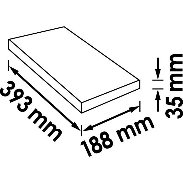 Prikaz pravokutnog objekta u perspektivi s dimenzijama: duljina 393 mm, širina 188 mm, visina 35 mm.