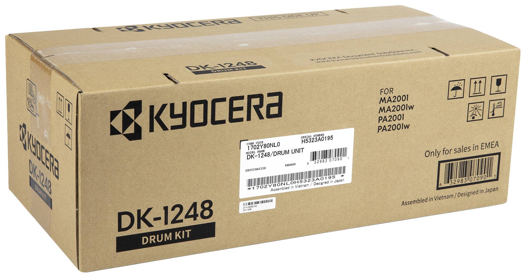 Smeđa kutija s natpisom 'KYOCERA DK-1248 Drum Kit'. Pogodan za MA2001, MA2001w, PA2001, PA2001w. Prodaja samo u EMEA regiji.