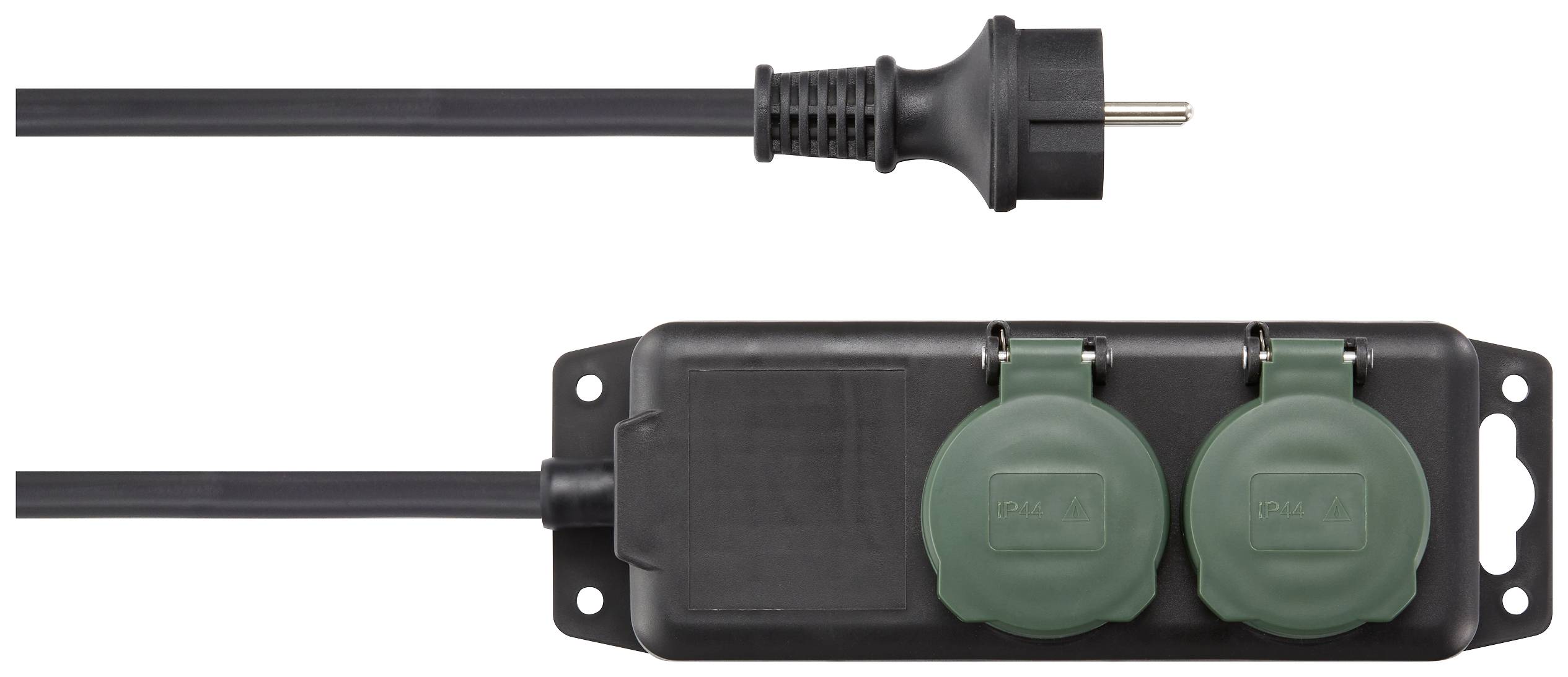 Crni produžni električni kabel s dvije zelene utičnice za vanjsku upotrebu.