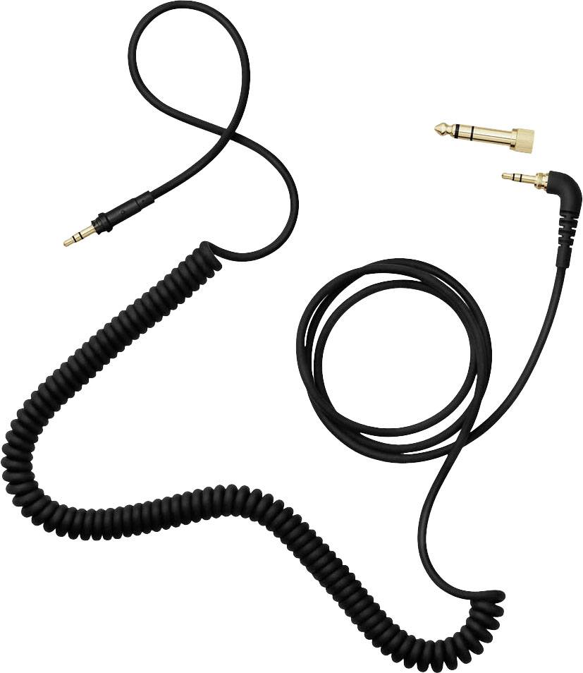 Crni spiralni kabel s dva zlatna audio priključka na krajevima, pogodan za audio uređaje ili slušalice.