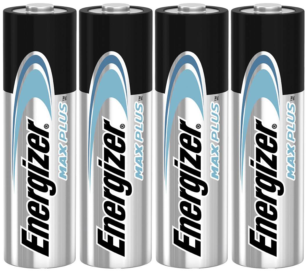 Četiri Energizer Max Plus AA baterije položene jedna do druge, s crnim gornjim dijelom i srebrnom donjom stranom, jasno prikazuju logo.