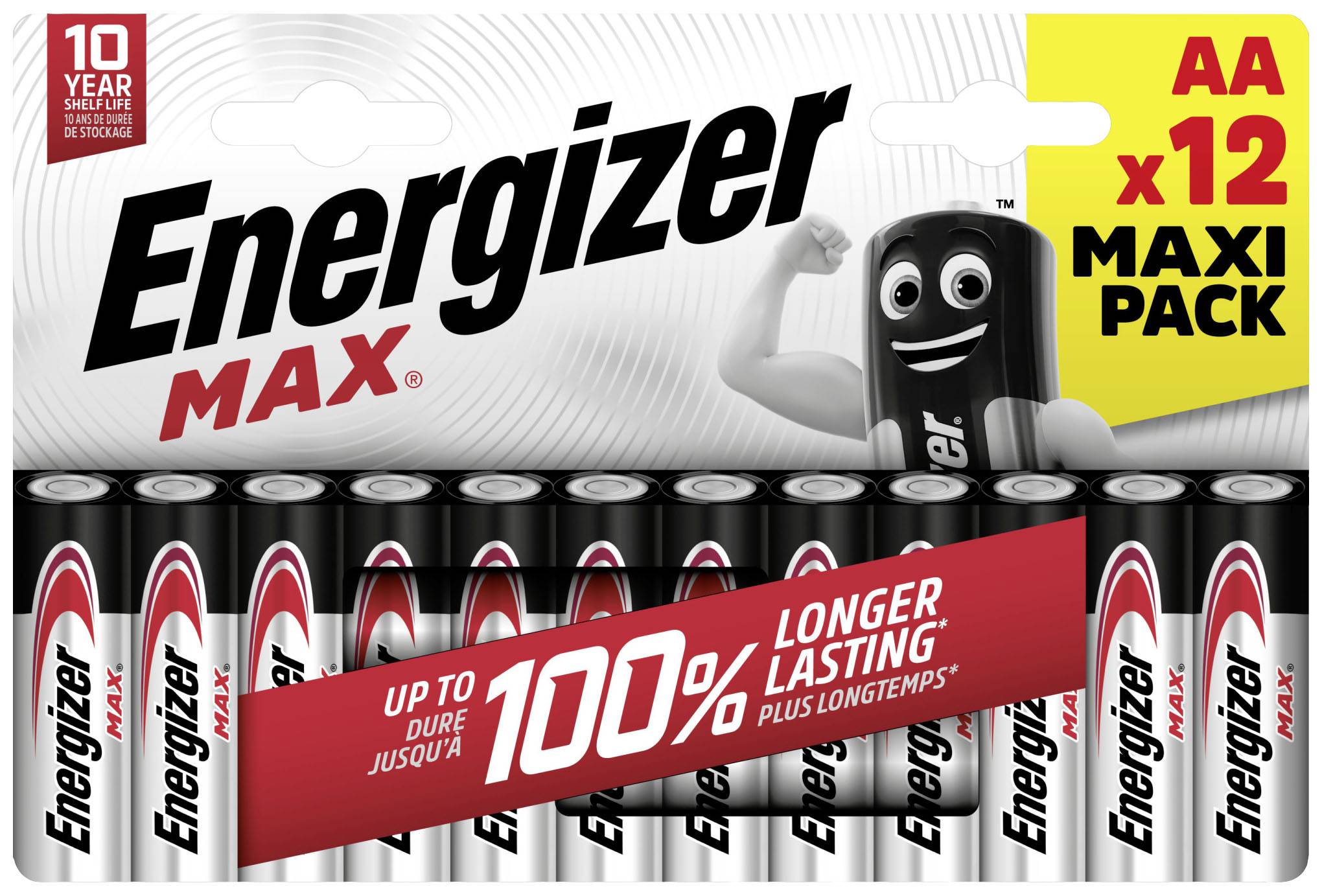 Dvanaest AA baterija Energizer Max u jednom pakiranju. Pakiranje naglašava '100% dulje trajanje' i '10 godina skladištenja'.
