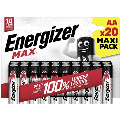 Paket od 20 Energizer MAX AA baterija koje pružaju duži vijek trajanja. Prikazuje veselu grafiku maskote baterije.