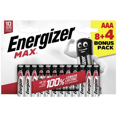 Energizer Max AAA baterije, paket od 12 komada s 8+4 gratis, duži vijek trajanja, s mišićavim maskotom baterije na pakiranju.