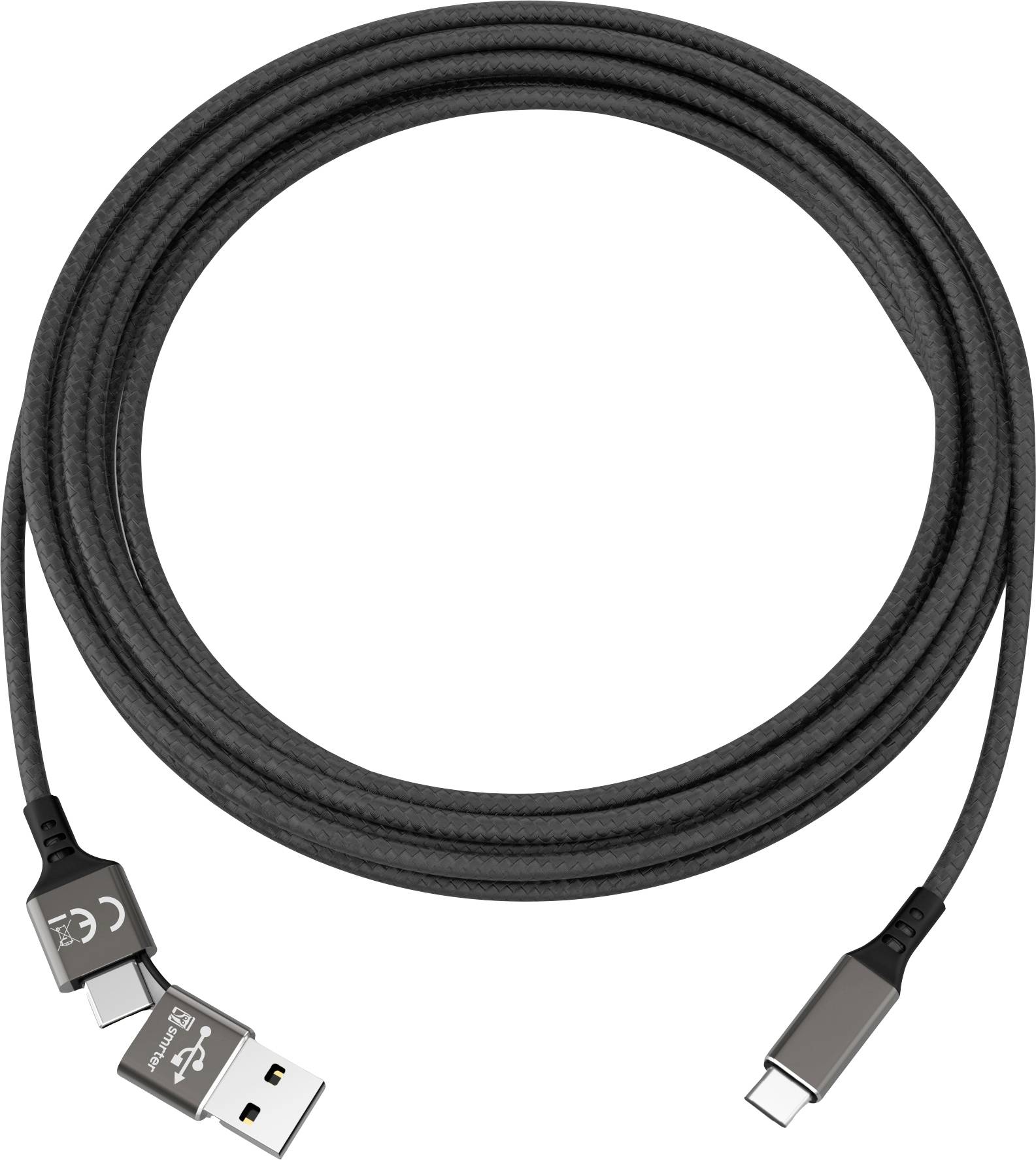 Crni USB kabel s USB-A i USB-C utikačem, pogodan za punjenje ili prijenos podataka između uređaja.