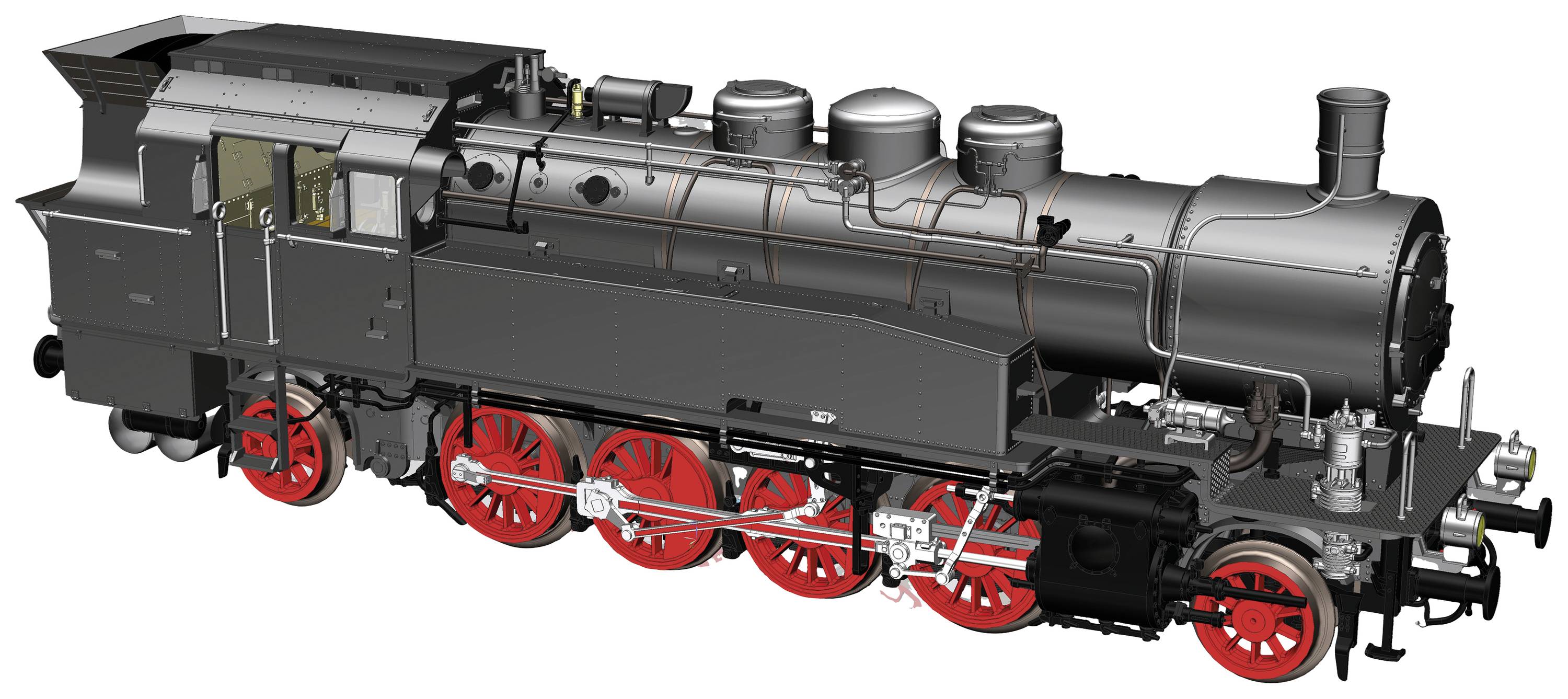 Detaljni prikaz crne parne lokomotive s crvenim kotačima i istaknutim cilindrom na bijeloj pozadini.