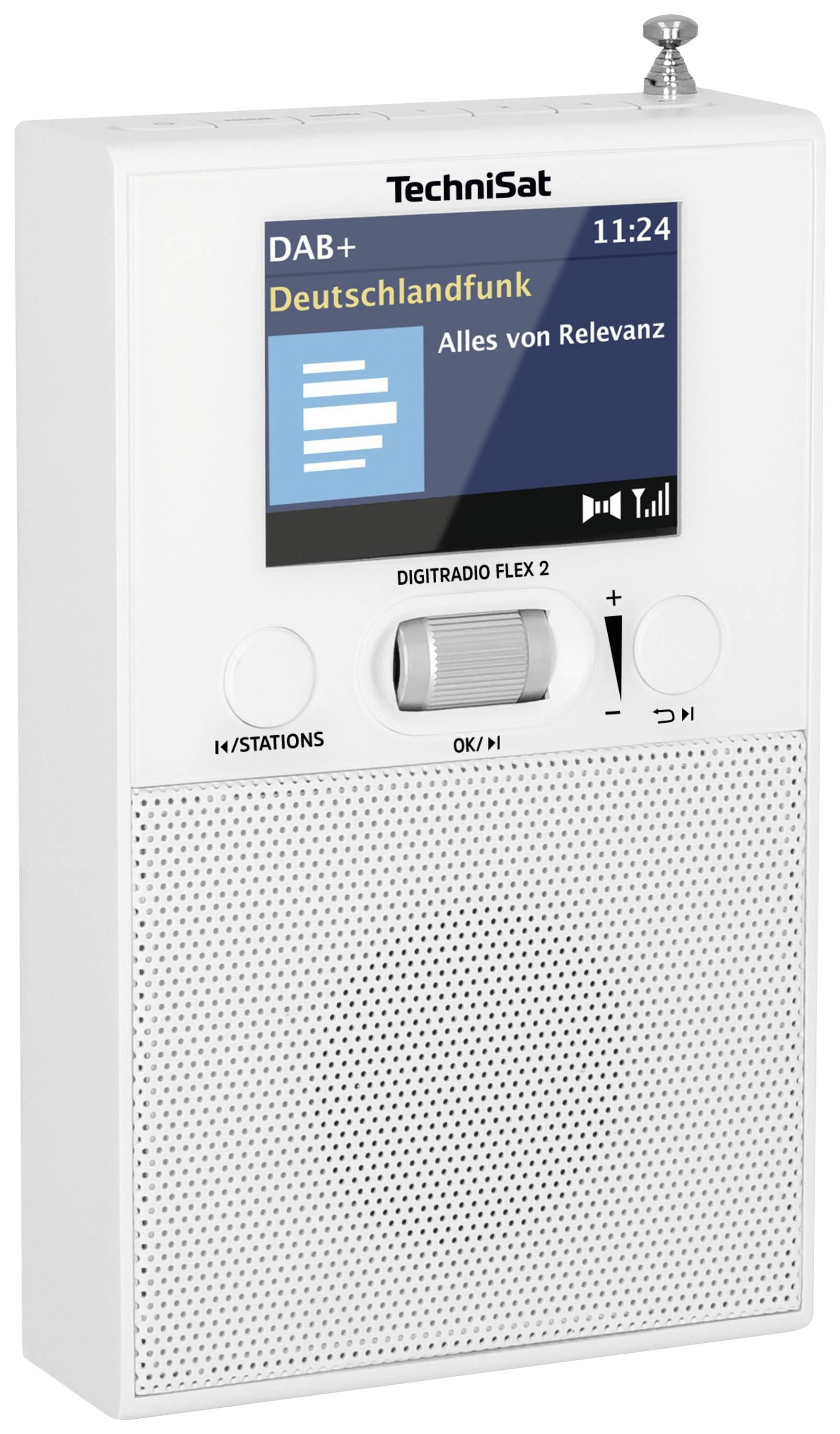 Prijenosni digitalni radio s zaslonom, prikazuje 'Deutschlandfunk', vrijeme 11:24, regulator glasnoće i antenu.