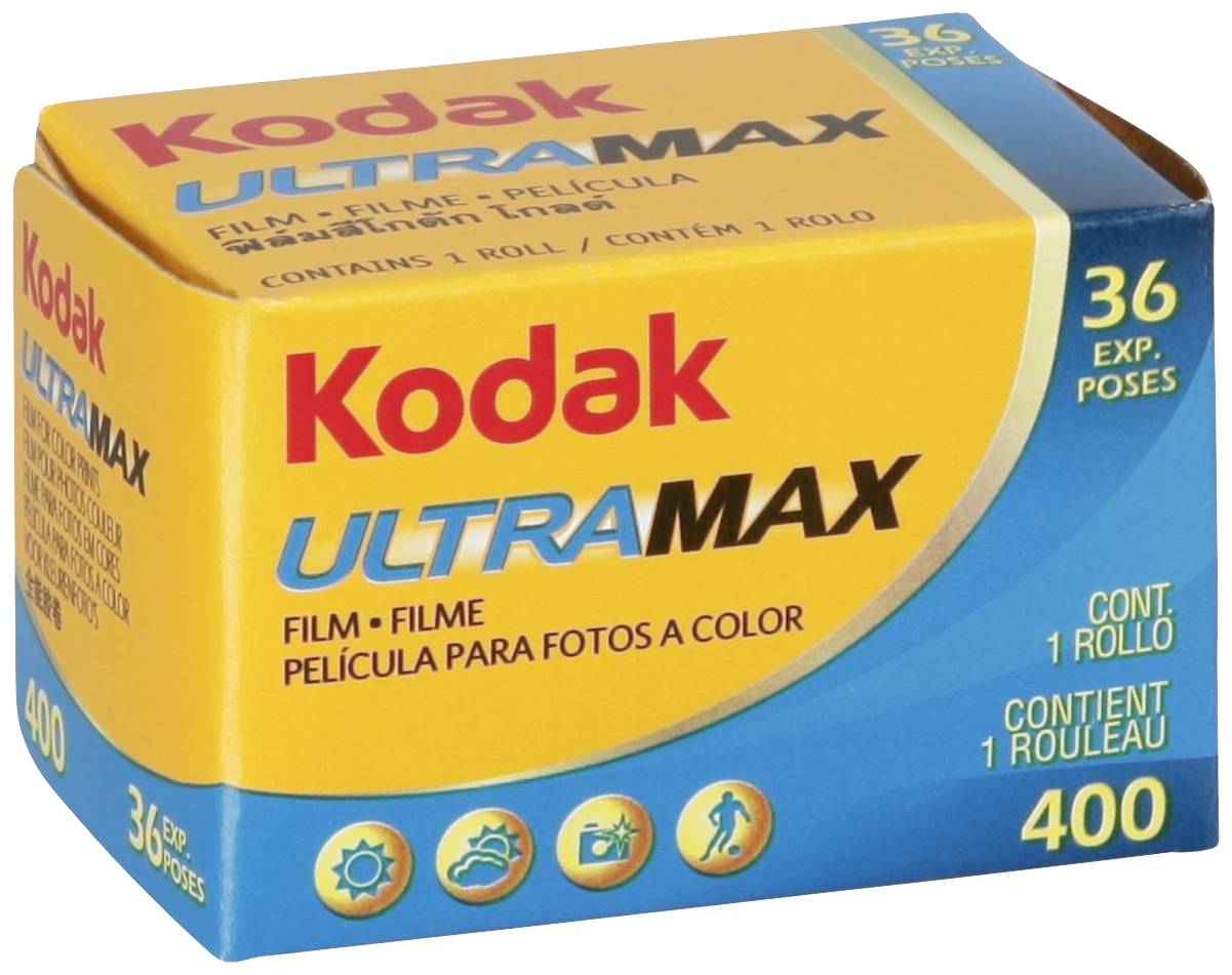 Kutija Kodak UltraMax 400 filmova u boji za 36 fotografija. Sadrži jednu rolnu, prikladnu za snimanje u boji.