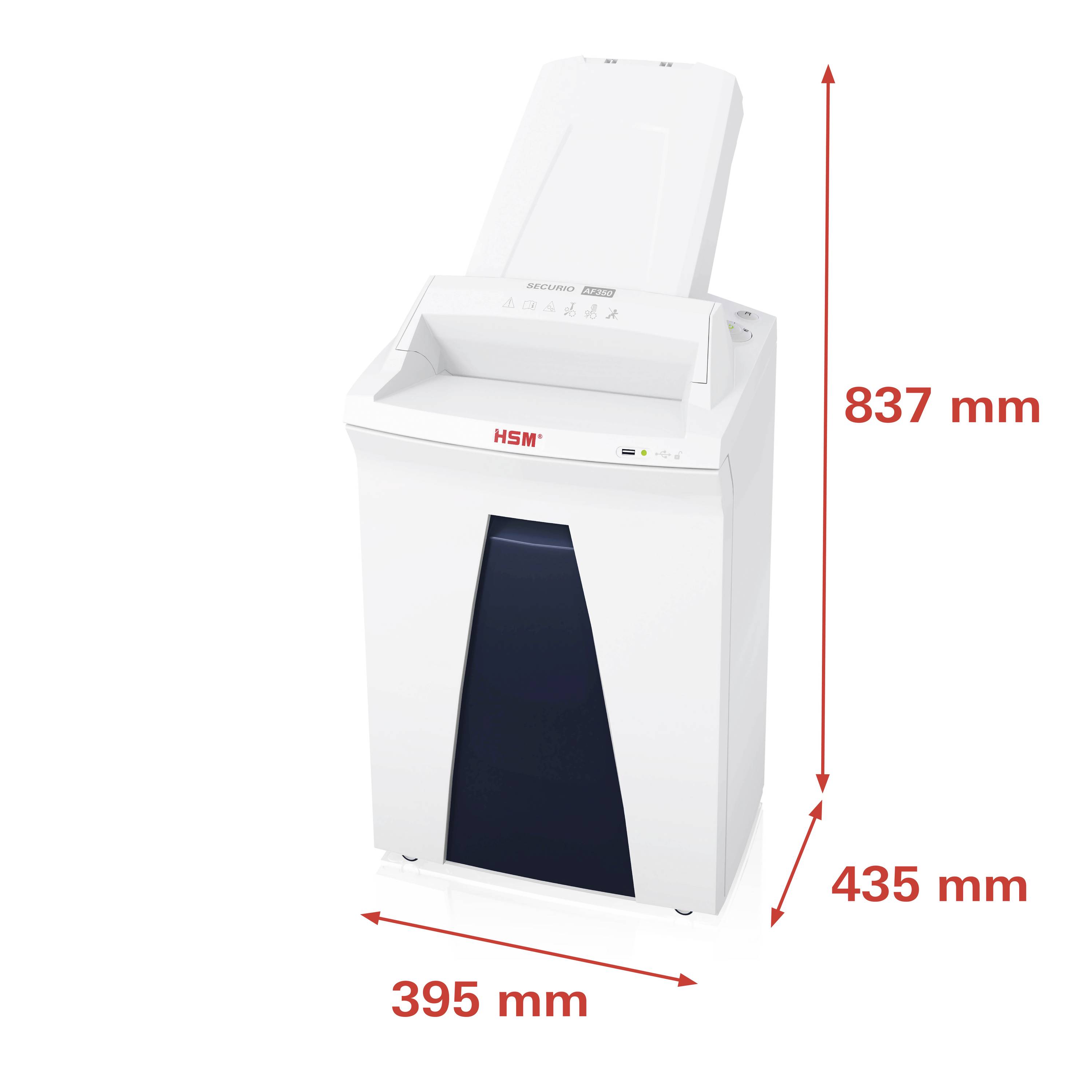 Električni uređaj za uništavanje dokumenata s otvorenim poklopcem. Dimenzije su 837 mm visok, 435 mm dubok, 395 mm širok.