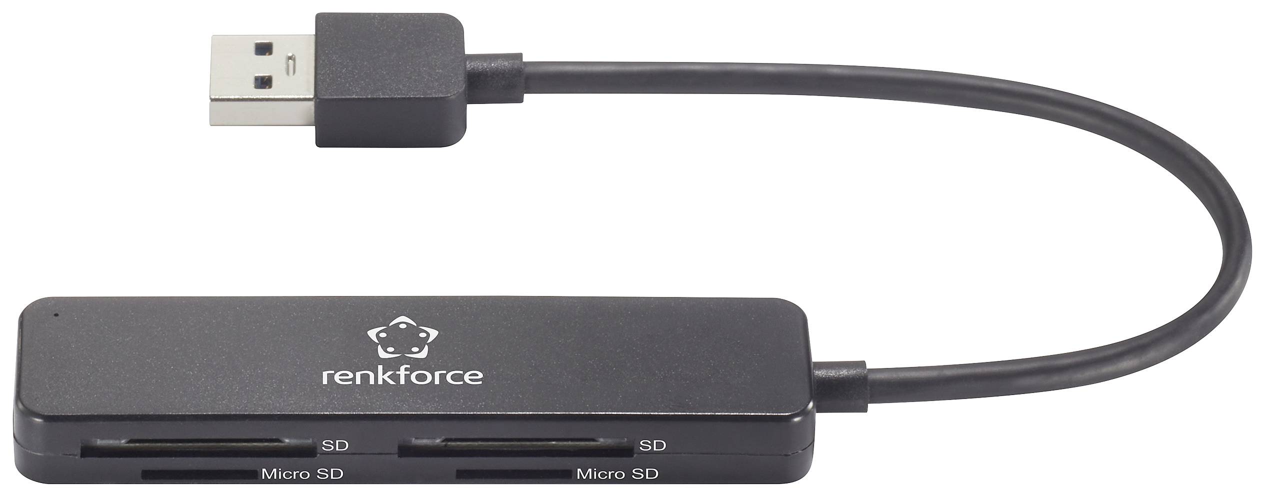 USB čitač kartica marke 'Renkforce' s tri utora za SD i Micro SD kartice. Spojen putem USB priključka.