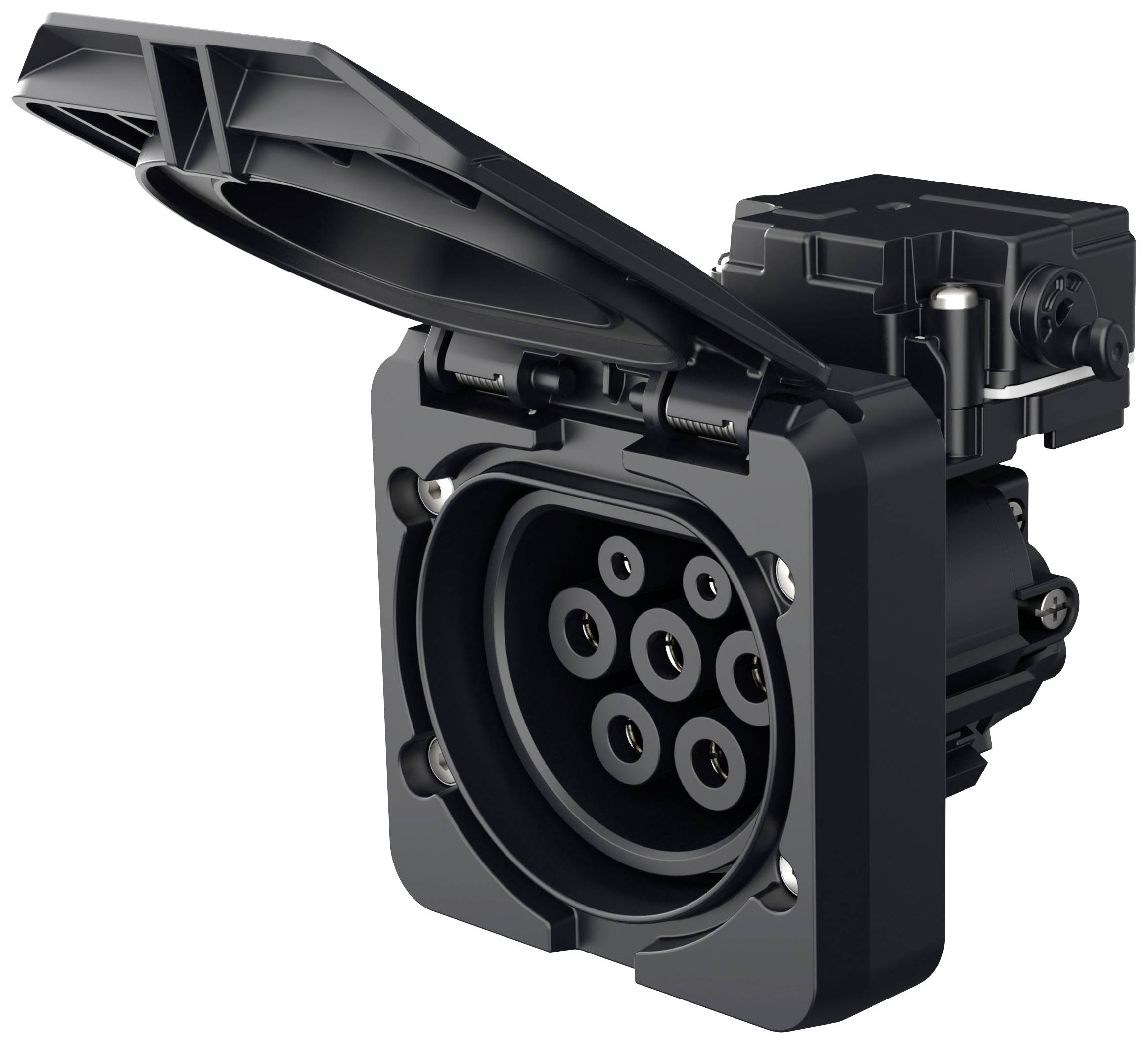 Električni punjač automobila s otvorenim poklopcem, prikazuje nekoliko utičnih kontakata za punjenje električnih vozila.