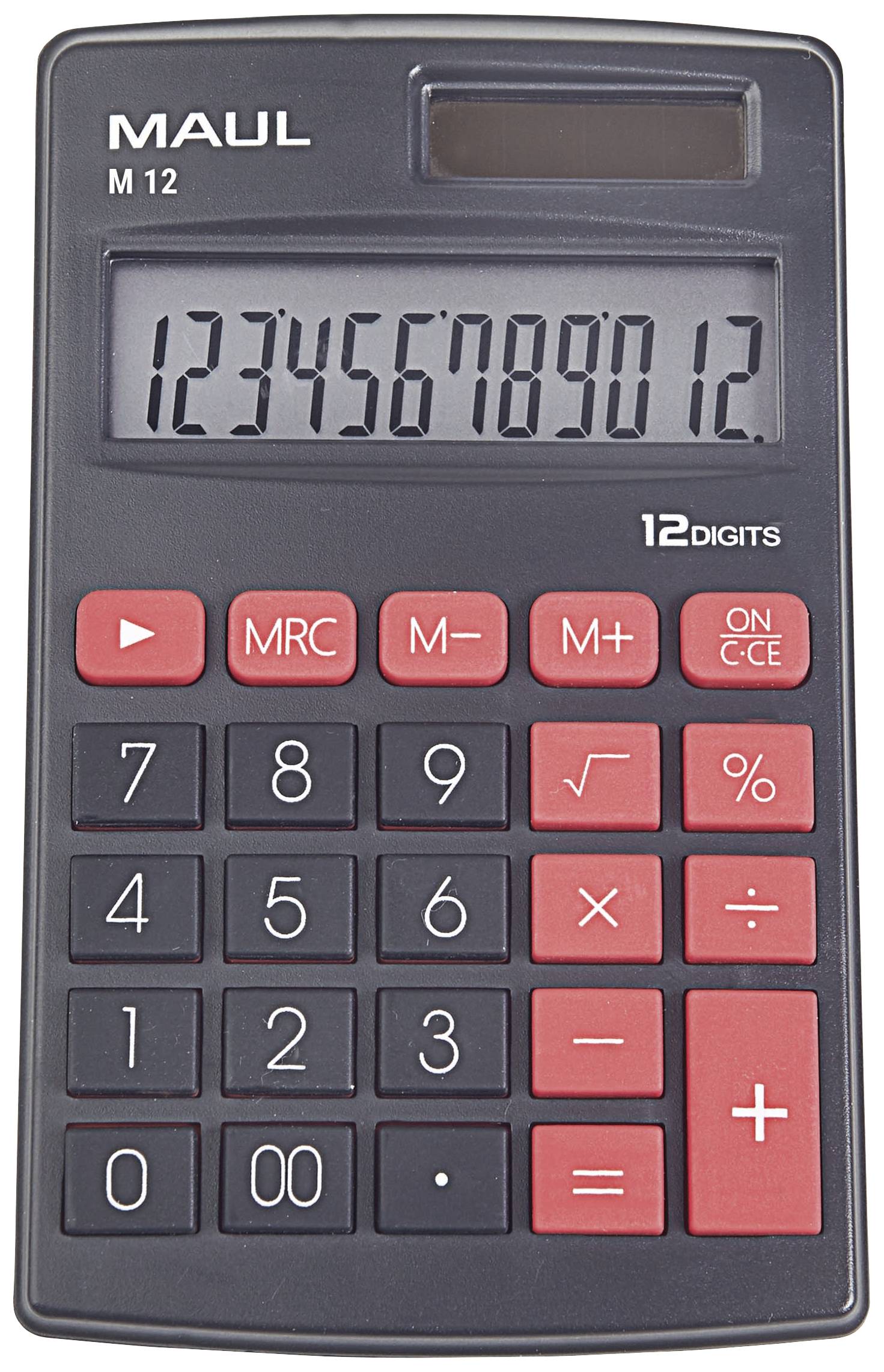 Stolni kalkulator s 12-znamenkastim zaslonom prikazuje niz brojeva '123456789012'. Tipke su crne i crvene.