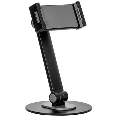 Crni podesivi nosač za smartphone s okruglom bazom. Pogodan za stabilno držanje uređaja u promjenjivoj visini i nagibu.