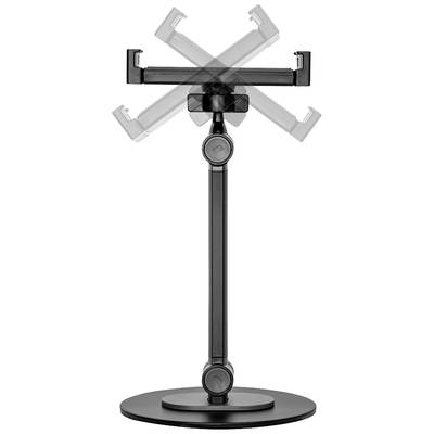 Podesivi stalak za tablet izrađen od crnog metala s okretnom i podesivom visinom kraka, postavljen na okrugloj bazi.