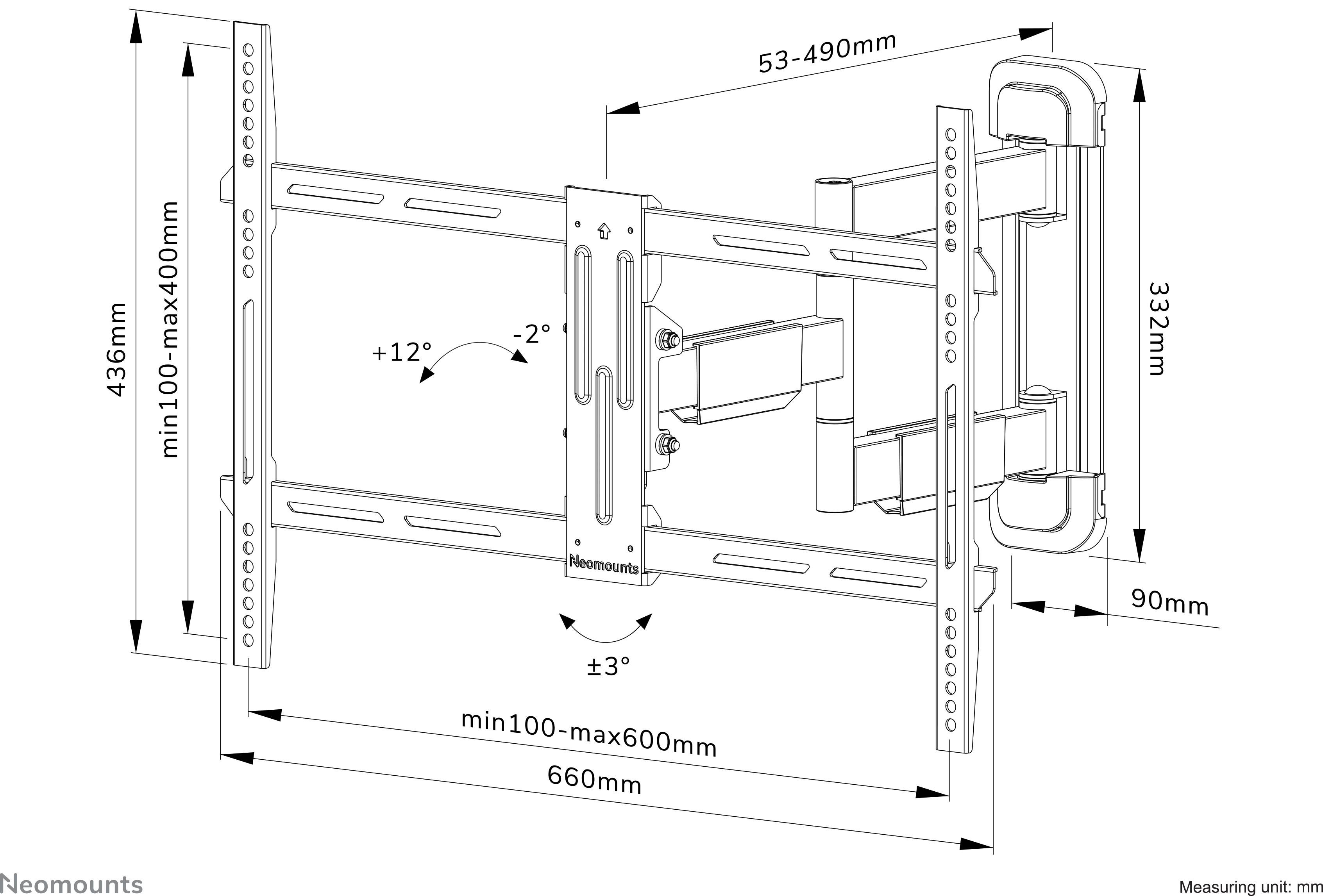 Zidni nosač za televizor, podesiv nagib od +12° do -2°, izvlačiv od 53 do 490 mm, kompatibilan s VESA standardima 100x100 do maksimalno 600x400 mm.