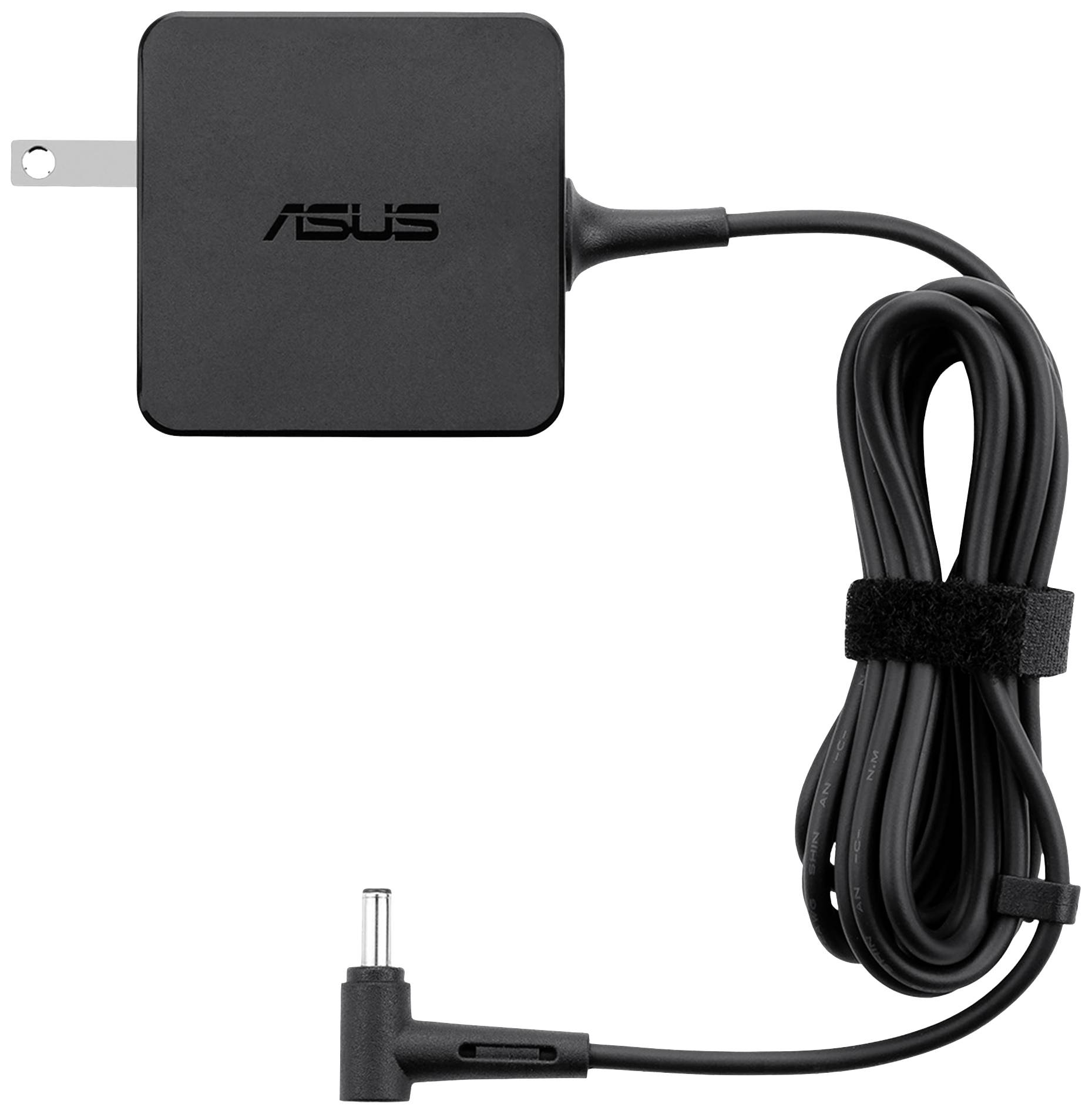 Crni ASUS punjač za laptop s mrežnim utikačem i kabelom. Kompaktnog, kvadratnog oblika, pogodan za ASUS uređaje.