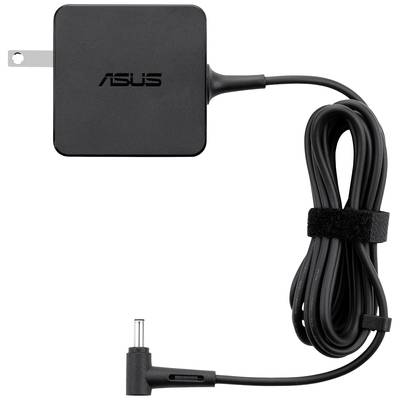 Crni ASUS punjač za laptop s mrežnim utikačem i kabelom. Kompaktnog, kvadratnog oblika, pogodan za ASUS uređaje.