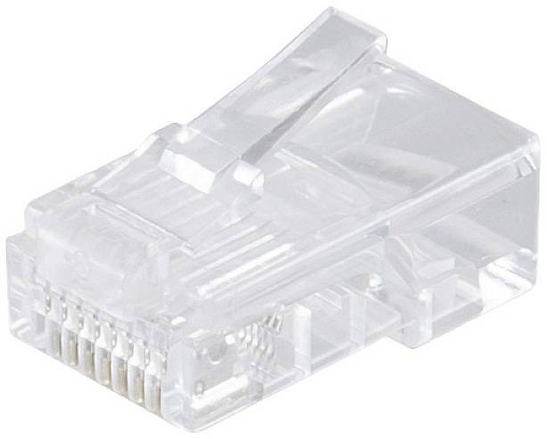 Prozirni RJ45 mrežni utikač, prikazan iz blizine.