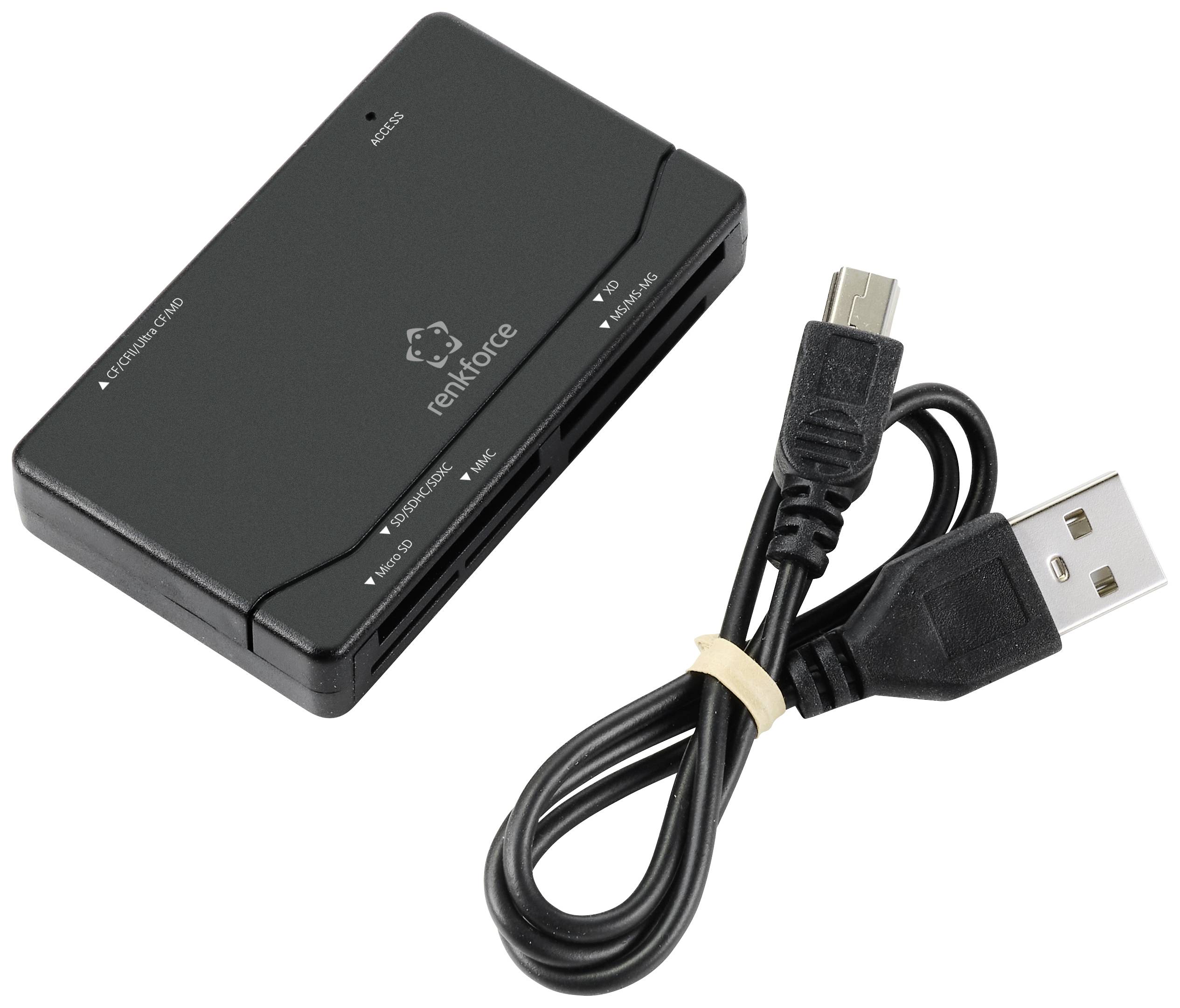 Crni čitač kartica marke renkforce s različitim priključcima, uz njega USB kabel.