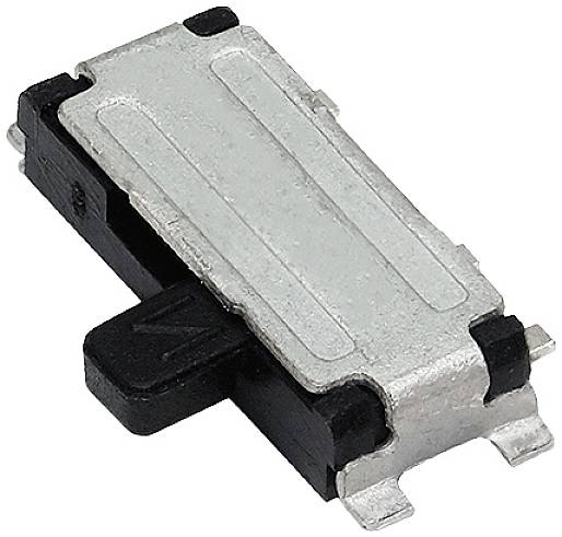Mali, pravokutni preklopni prekidač izrađen od metala i plastike, u neutralnom položaju, pogodan za elektroničke uređaje.