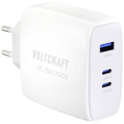 Bijeli punjač s tri priključka: jedan USB-A i dva USB-C. Vidljiva oznaka 'VOLTCRAFT UC-3ACX002'.