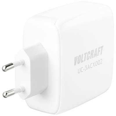 Bijeli zidni punjač s dva utikača i natpisom 'VOLTCRAFT UC-3ACX002' u sivoj boji na bočnoj strani.
