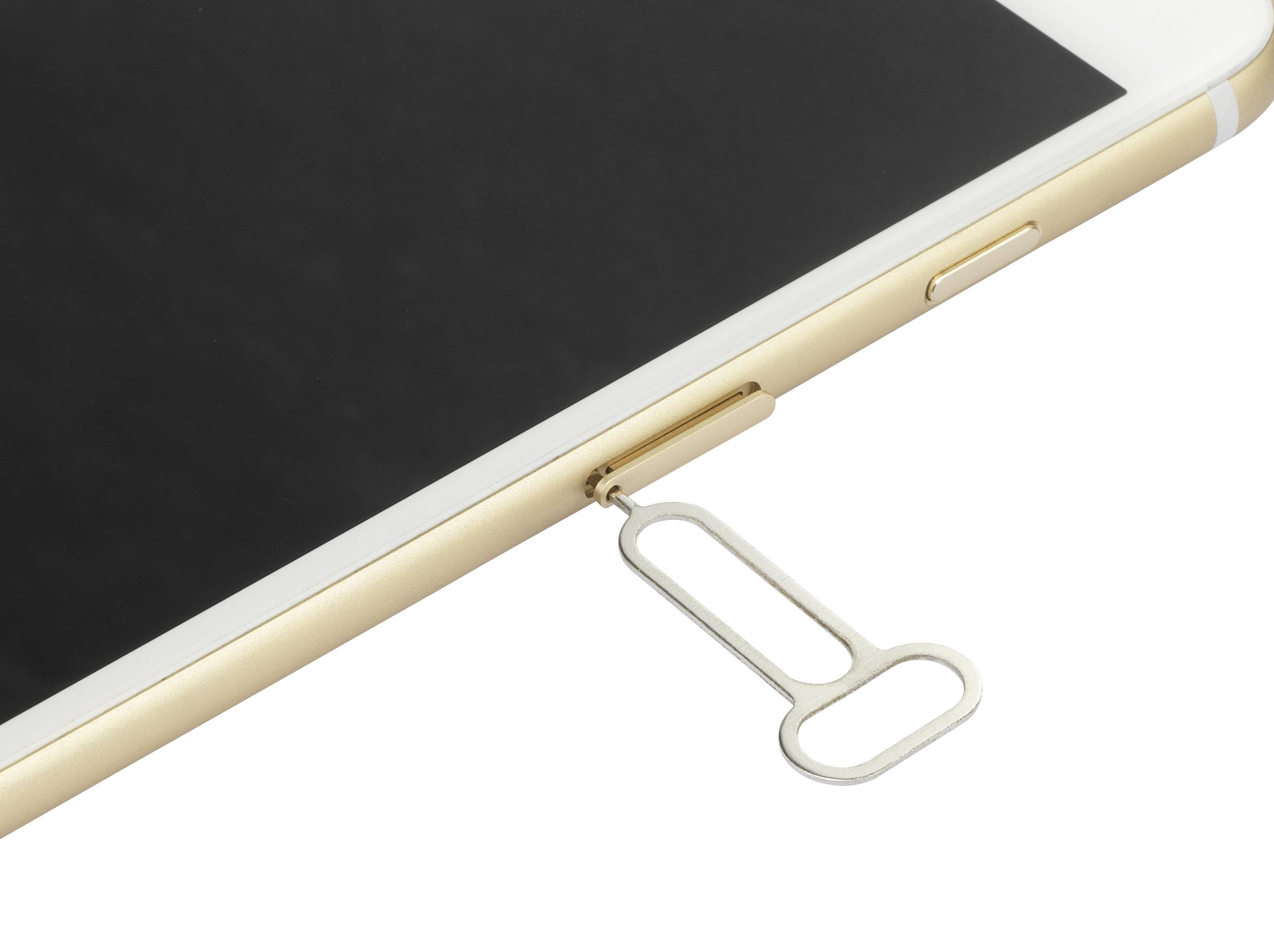 Zlatni mobilni telefon s alatom za uklanjanje SIM kartice koji se stavlja u utor za SIM karticu.