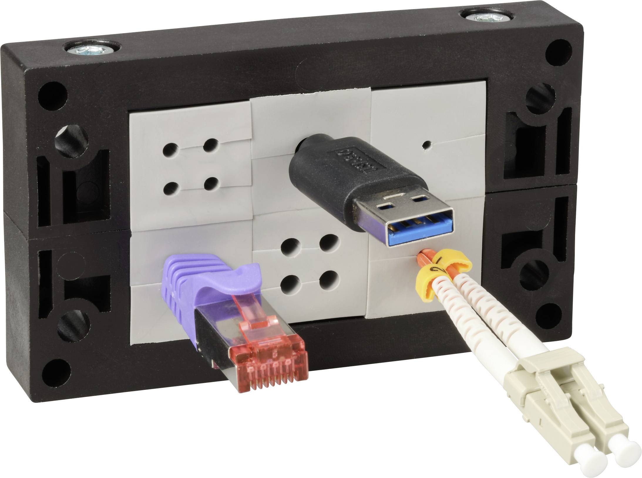Mrežni priključni panel: Sadrži USB utikač, Ethernet kabel i dva optička priključka za povezivanje uređaja i mreža.