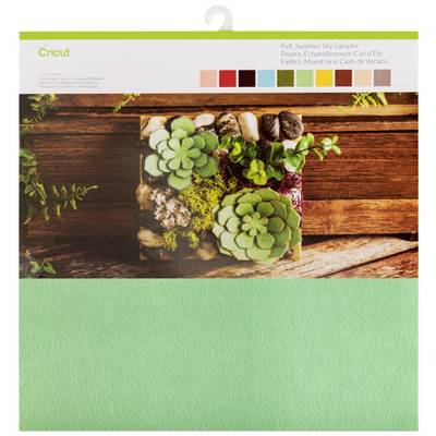 Ambalaža filca 'Summer Sky Sampler' od Cricuta s različitim uzorcima boja. Glavni motiv: Sukulent u drvenom sanduku.