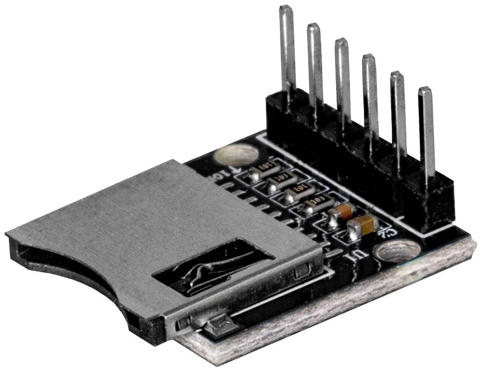 SD-kartični modul sa utorkom i šest kontaktnih pinova, korišten za pohranjivanje i prijenos podataka u elektroničkim projektima.