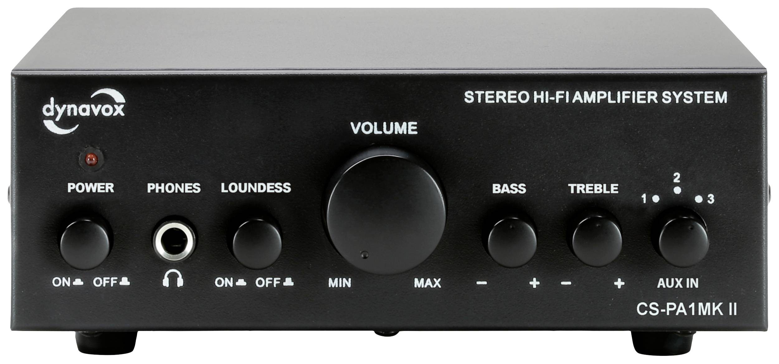 Kompaktni crni stereo Hi-Fi pojačalo s regulatorom glasnoće, kontrolom basa i visokih tonova, priključkom za slušalice i više ulaza.