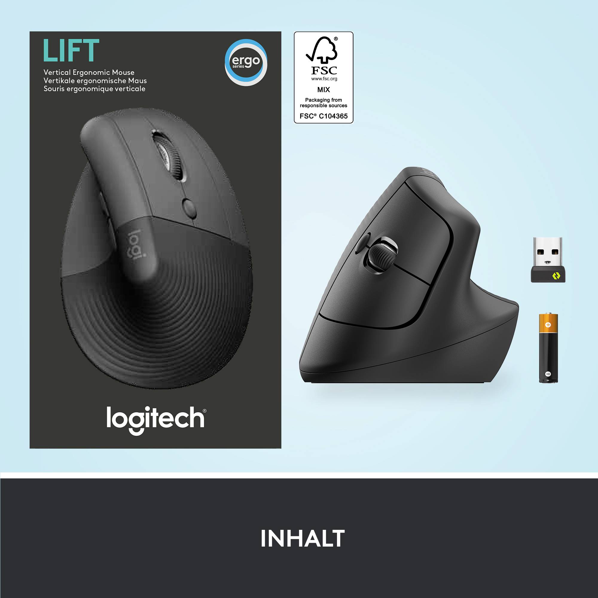 Logitech Lift okomita ergonomska miš, prikazana pored ambalaže, USB prijemnika i baterija. Dizajnirana za potporu zglobu šake.
